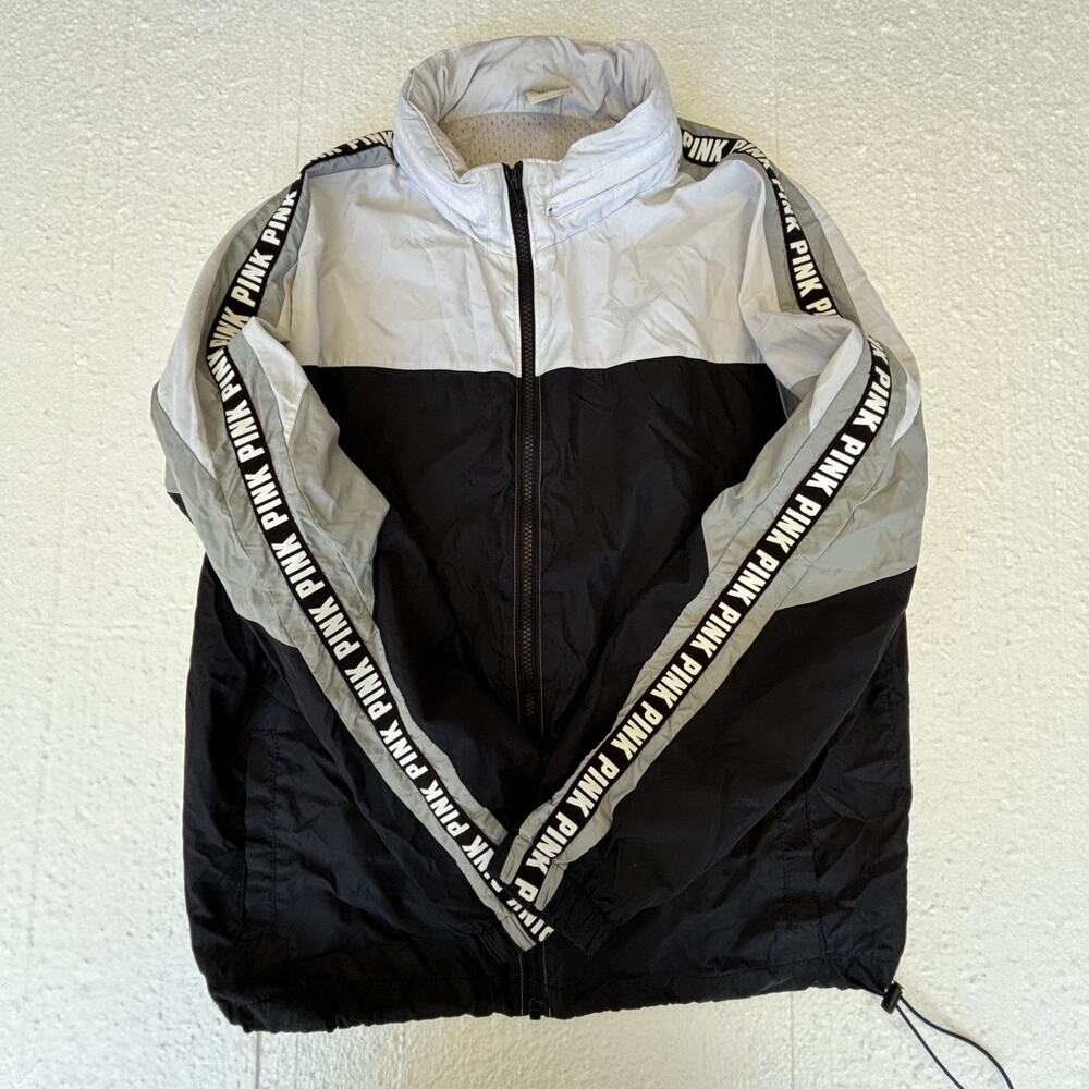 Pink Victorias Secret Womens Anorak Windbreaker Jacket Full Zip Black Size XS